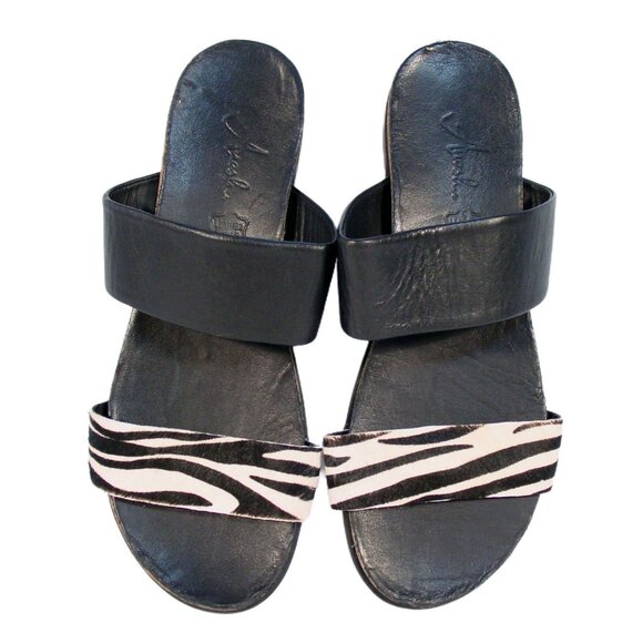 ANESHA Tierra $120 Black Zebra Leather/Hair Calf Slide Sandals 39/8-8.5 - Picture 1 of 9